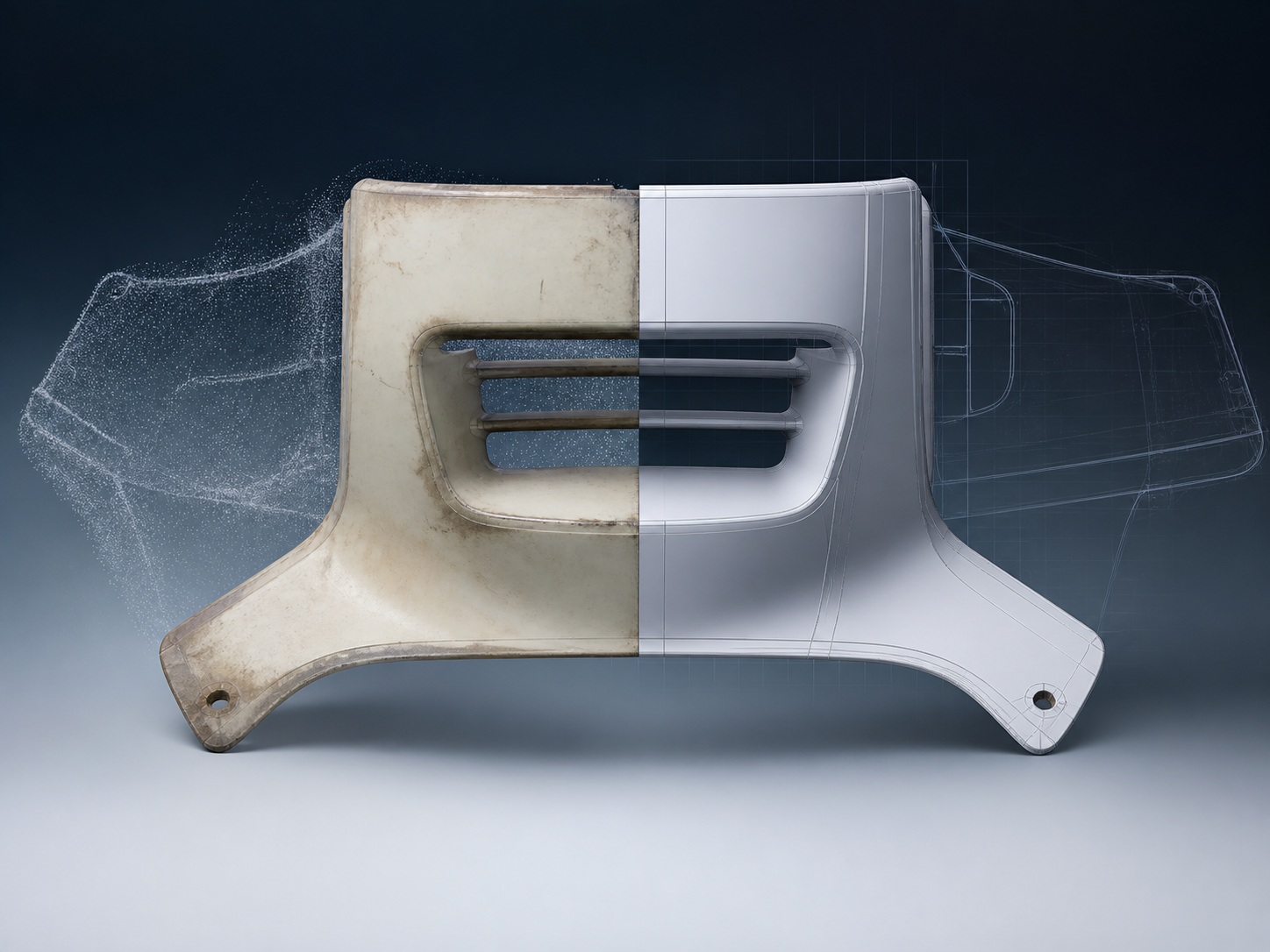 CAD-visualisering af en rekonstruktion af en plastdel med fysisk del og digital model side om side