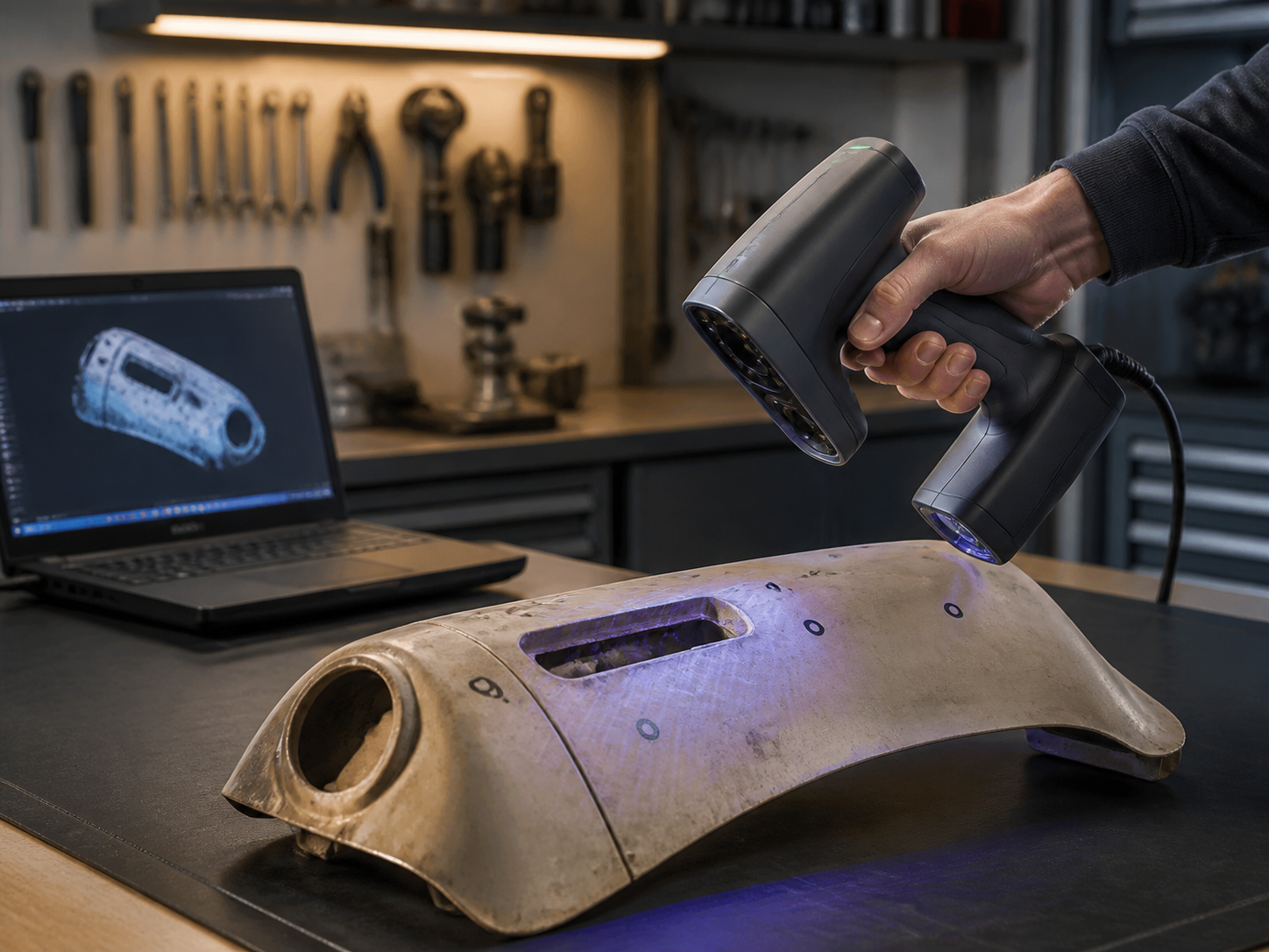 Håndholdt 3D-scanning af en plastdel til et veterankøretøj på et arbejdsbord